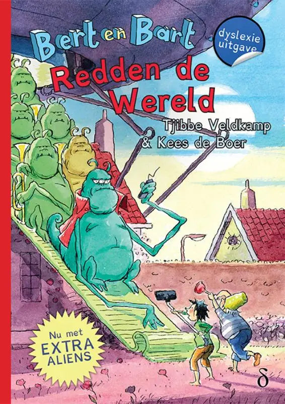 De cover van het kinderboek bert en bart redden de wereld toont groene en gele aliens die over een glijbaan dalen