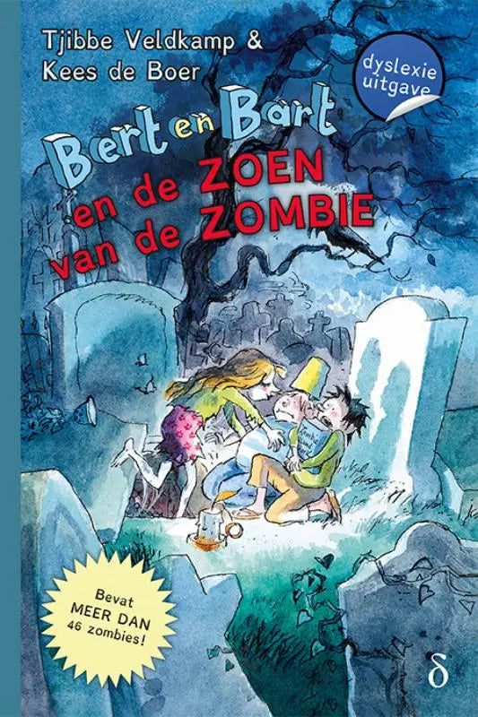 Illustratie van blauw en rood kinderboekcover bert en bart en de zoen van de zombie met personages op een kerkhof