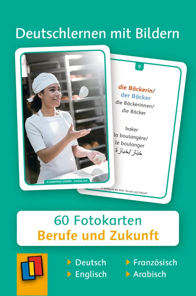 Witte rand educatieve flashcard met lachende bakker en duitse woordenschat berufe und zukunft