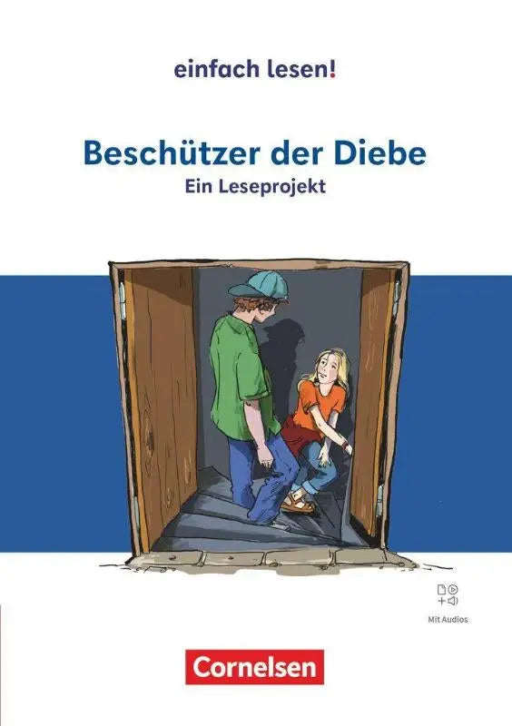 De boekcover van beschermers der dieven toont een cartoon van twee kinderen in een houten deuropening, eenvoudig lezen