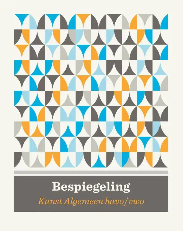 Bespiegeling wanddecoratie met geometrisch patroon van halve cirkels en driehoeken in blauw oranje grijs en wit