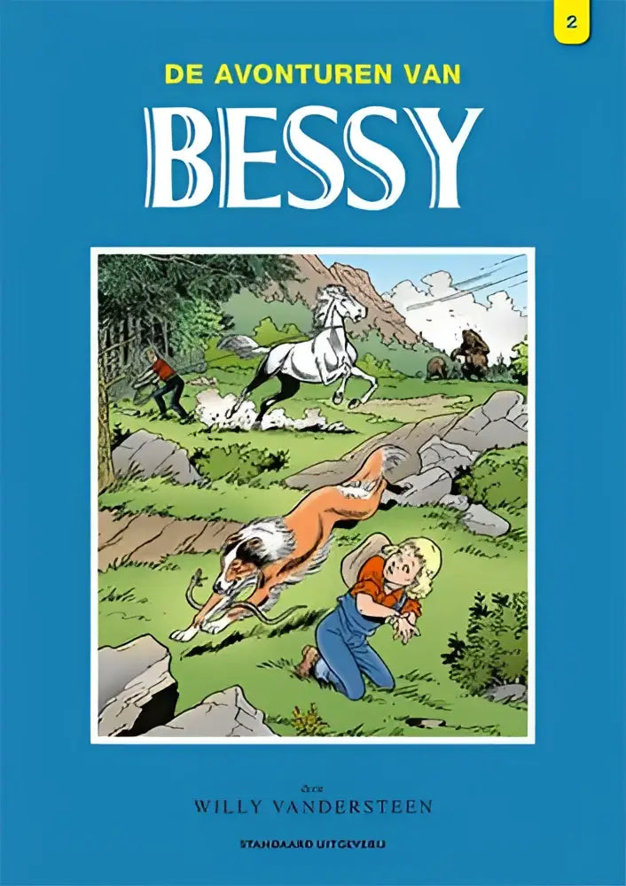 De cover van bessy integraal deel 2 toont een kleurrijke illustratie met een wit paard en een oranje hond in een groen landschap