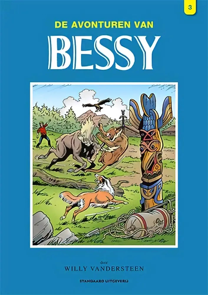 Blauwe comic boekcover bessy integraal deel 3 met avontuurlijke illustratie van dieren en een totempaal