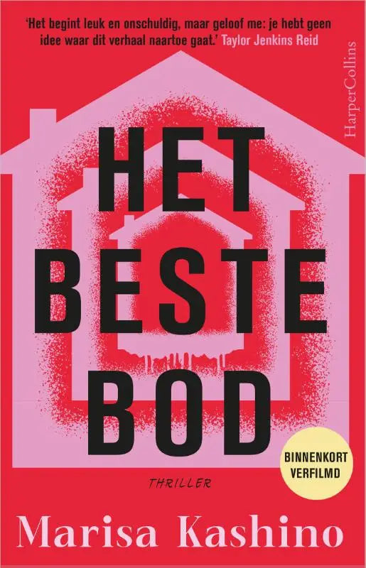 Rood en roze boekcover van het beste bod met vetgedrukte zwarte titel en gestileerde huisillustratie op achtergrond