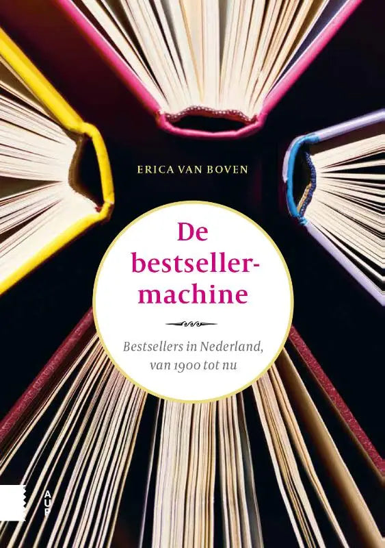 De boekcover van de bestsellermachine toont een witte cirkel met roze titel en kleurrijke boeken in de nederlandse boekhandel