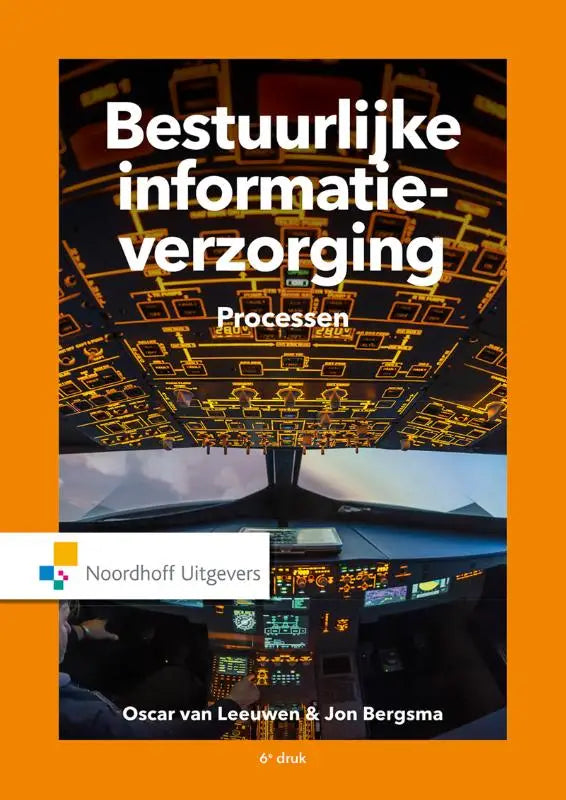 Het boek bestuurlijke informatie verzorging toont een oranje omslag met een vliegtuigcockpit en verlichte bediening voor informatie verzorging