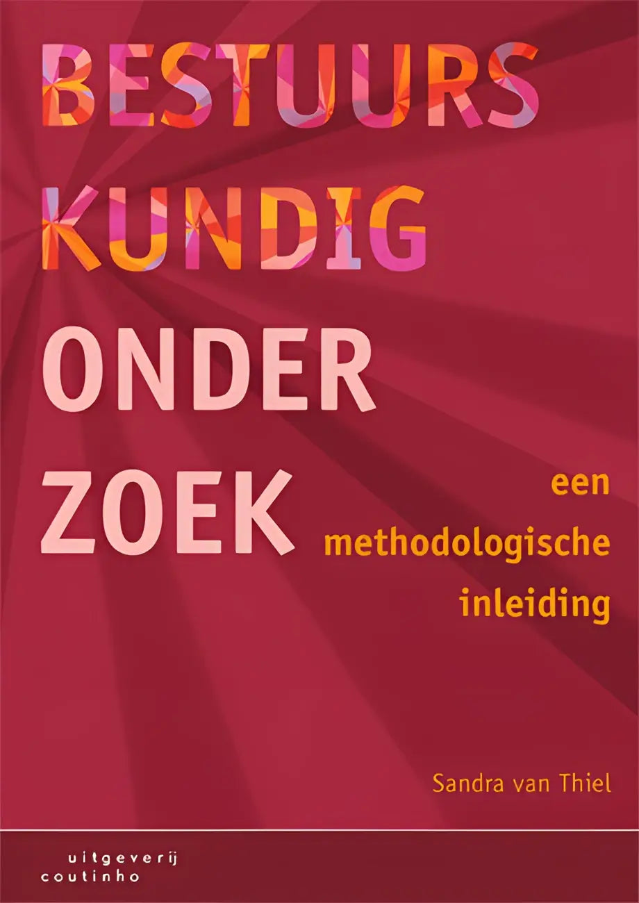 Boekcover Bestuurskundig onderzoek met kleurrijke tekst op rood met stralen