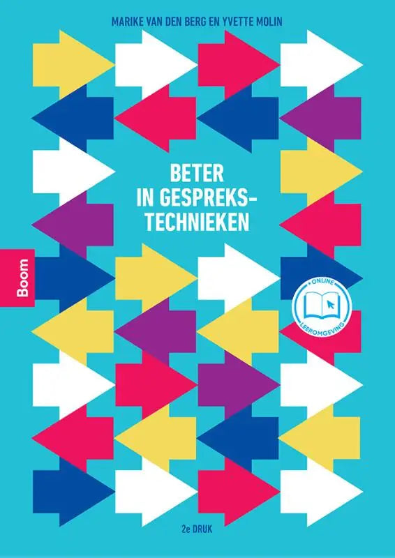 Een turquoise boekcover van beter in gesprekstechnieken met een geometrisch patroon van gekleurde pijlen