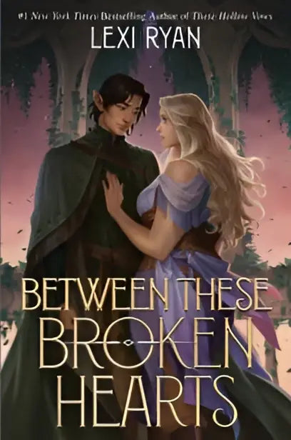 De boekomslag van between these broken hearts toont een romantische illustratie in een etherische schemering