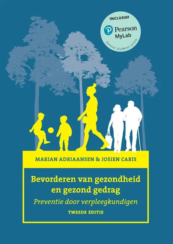 Blauw boek met gele en witte silhouetten van mensen tegen bos als achtergrond bevorderen van gezondheid en gezond gedrag door marian adriaansen en josien caris