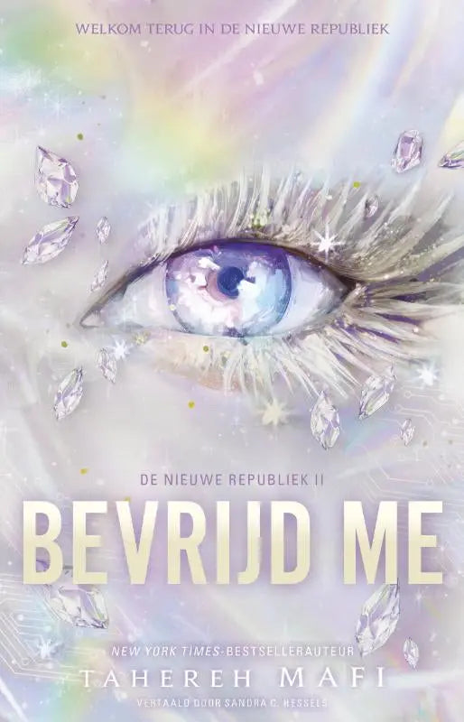 Cover van het nederlandstalig paperback kinderboek Bevrijd me met een blauwe gloeiende oog en diamantachtige scherven
