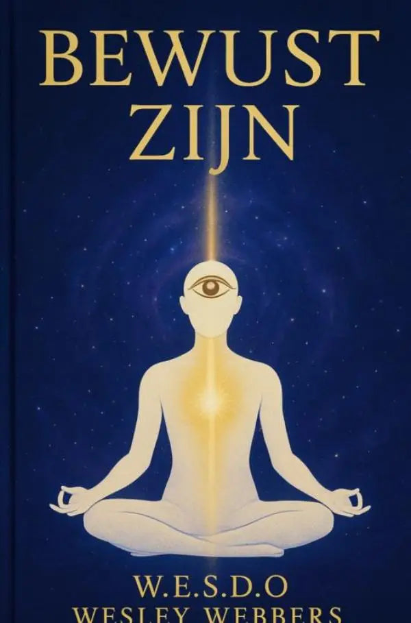 De boekcover van bewust zijn toont een witte mediterende figuur met een oog en lichtstraal op een diepe blauwe achtergrond