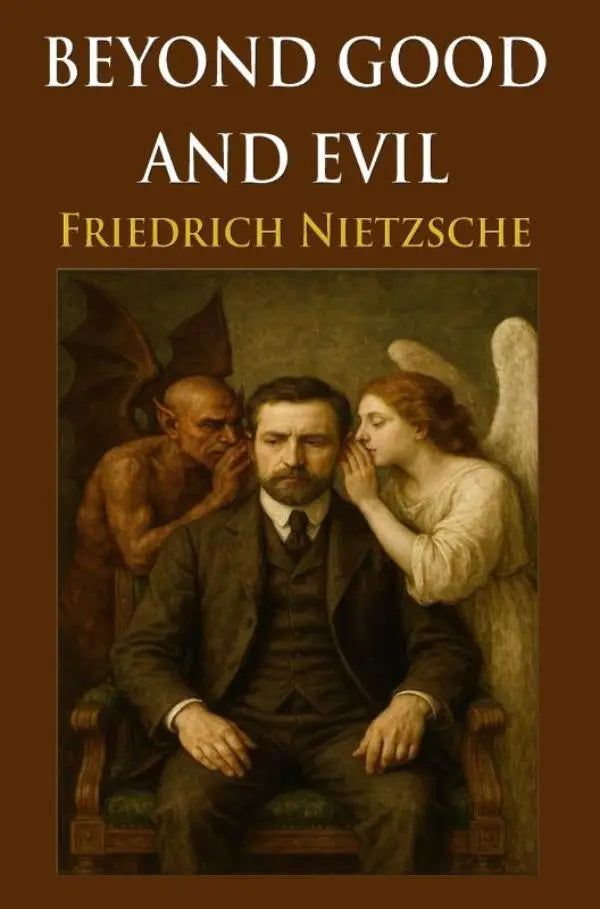 De boekcover van beyond good and evil door friedrich nietzsche toont een klassieke schilderij met een filosoof tussen een engel en een demon