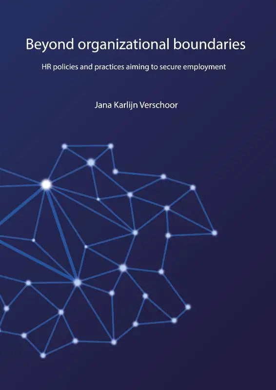 Blauw geometrisch netwerkontwerp op donkerblauw boekomslag over policies and practices en practices aiming werkzekerheid