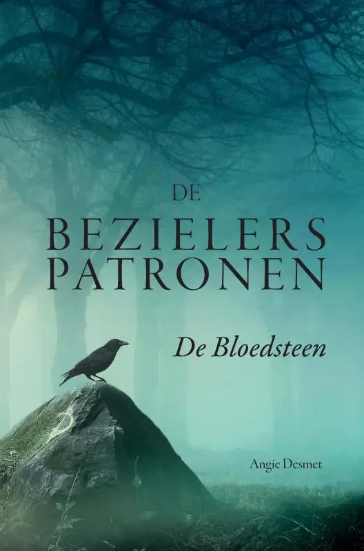 Boekcover van de bezielerspatronen de bloedsteen met een zwarte kraai op een mosbedekte steen in een mistig bos