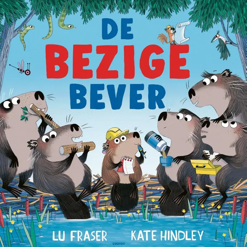 De bezige bever kinderen boek cover met levendige cartoon bevers in buitenomgeving voor jonge lezers