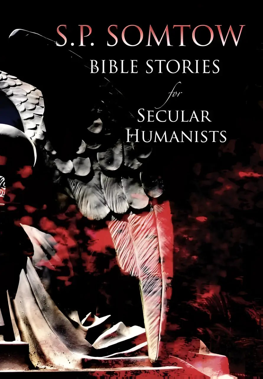 Boekomslag bible stories for secular humanists met donker textuur en rode en zwarte tinten voor verhalen voor secular