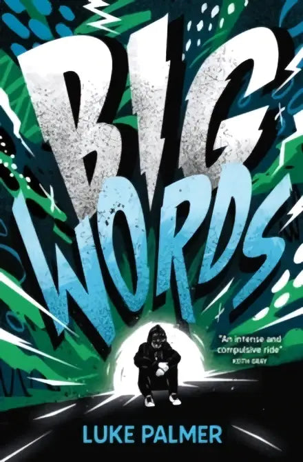 De boekomslag van big words dyslexia-friendly van luke palmer met graffiti-achtige witte en teal letters op een groene achtergrond