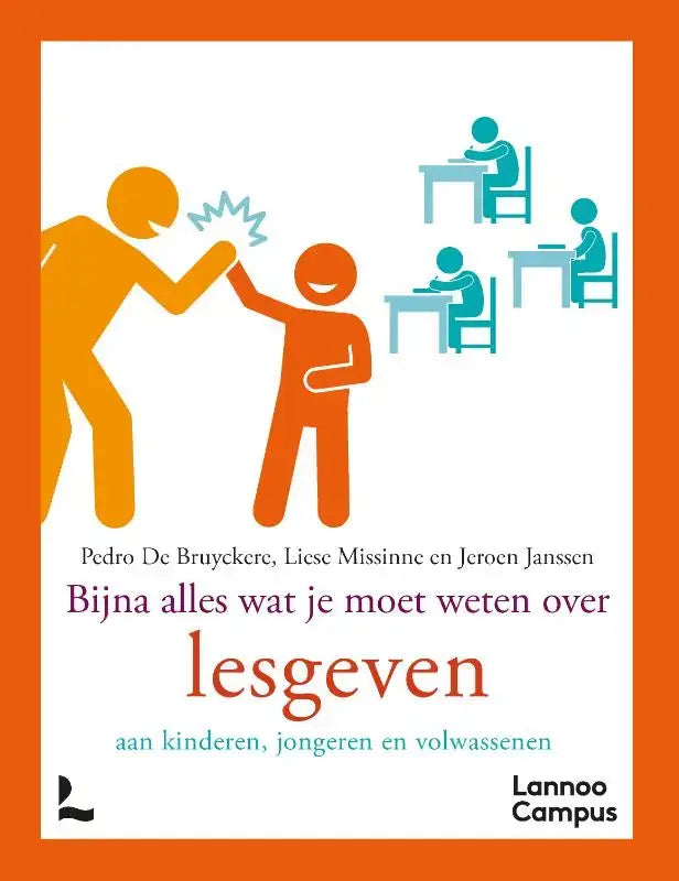 Oranje en teal geïllustreerde boekcover van leermiddel biedt principes met stiliseerde figuren van leraar en kinderen