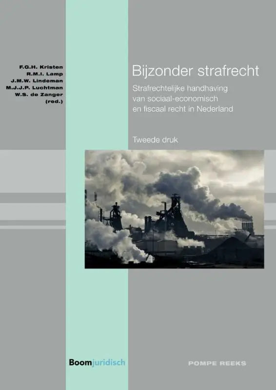 Grijze en teal boekomslag van bijzonder strafrecht met zwart-witte foto van industriële schoorstenen uitgegeven door koninklijke boom uitgevers