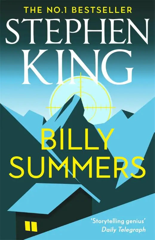 De boekcover van billy summers door stephen king toont een blauw gestileerd gebergte met een gele richtkijker en een klein huis, een epic thriller van de nummer 1 bestseller