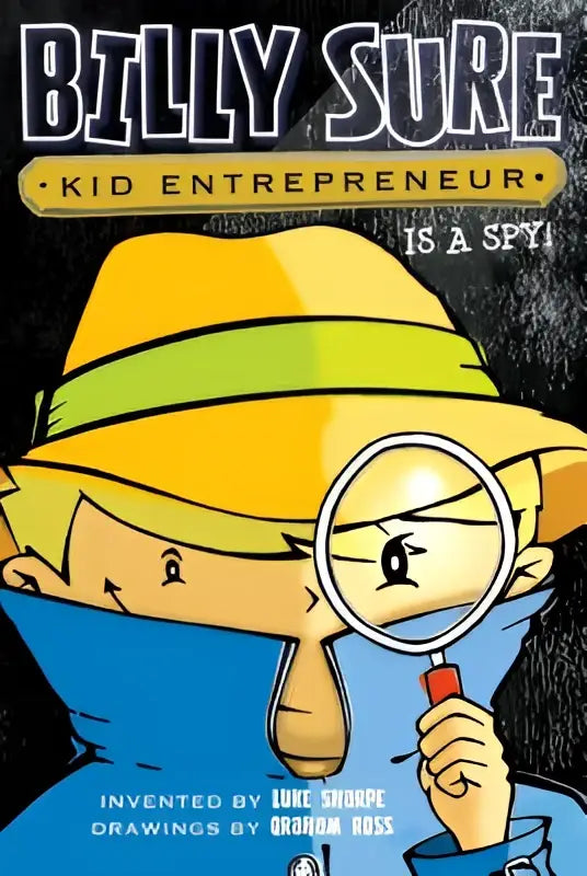 Billy sure kid entrepreneur cartoon boy in yellow hat with green stripes and blue clothes holding magnifying glass