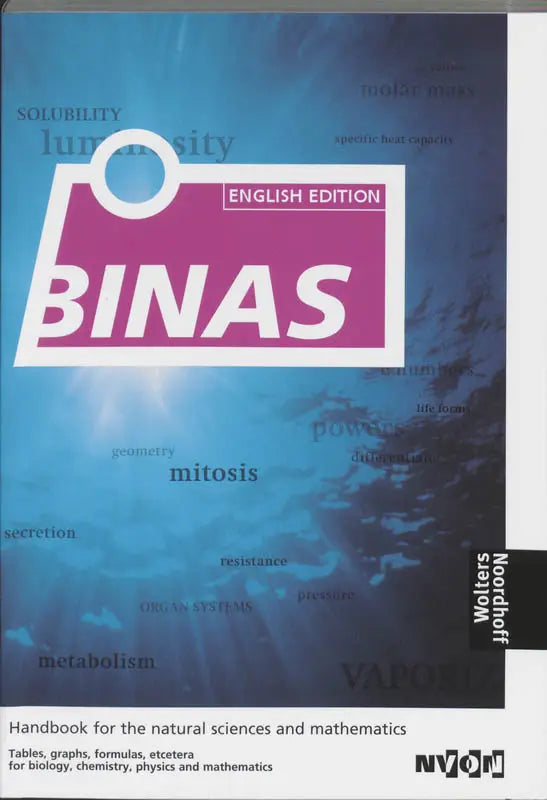 De cover van de engelse editie van het binas handboek met een levendig magenta-wit logo op een blauwe achtergrond