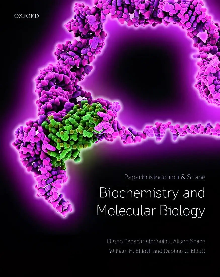 De omslag van het boek biochemistry and molecular biology toont een kleurrijke dna-weergave met paarse en groene moleculaire structuren