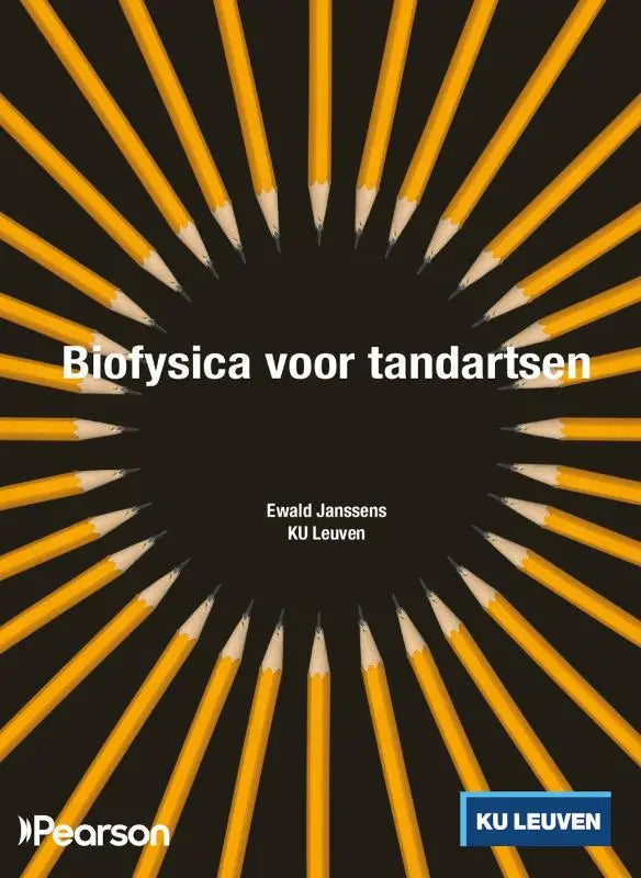 Gele potloden stralen uit vanuit het midden op een zwarte achtergrond met titel biofysica voor tandartsen en auteurinfo
