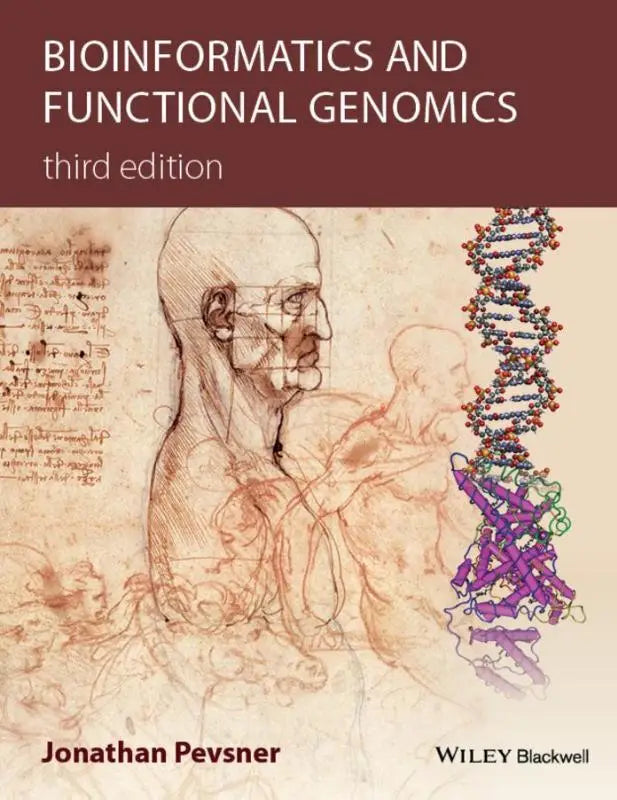 Derde editie bioinformatics and functional genomics tekstboek met sepia anatomische schets en kleurrijke 3d dna helix modellen