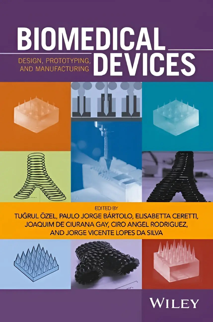 De boekcover toont biomedical devices design prototyping en manufacturing in witte tekst op paarse achtergrond