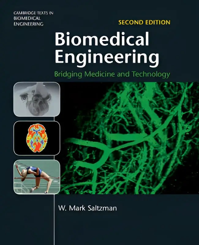 The second edition biomedical engineering book cover features bold white title with green and black vascular network background