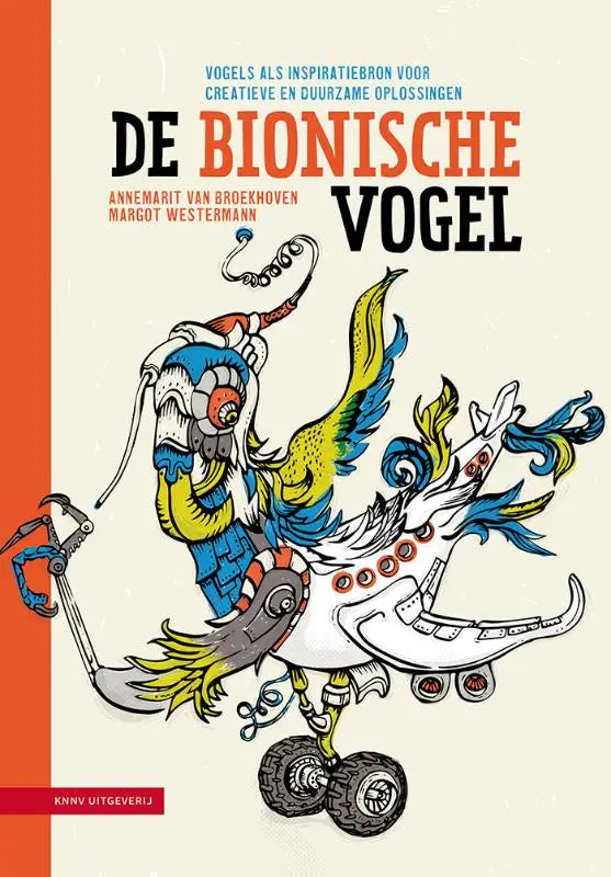 Een bionische vogel met blauwe en gele metalen veren en wielen als duurzame oplossingen voor creativiteit