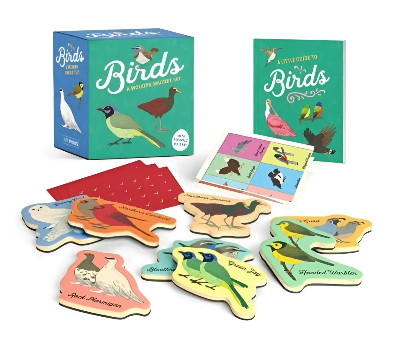 Colorful wooden bird-shaped magnets with illustrated designs and species names from a wooden magnet set