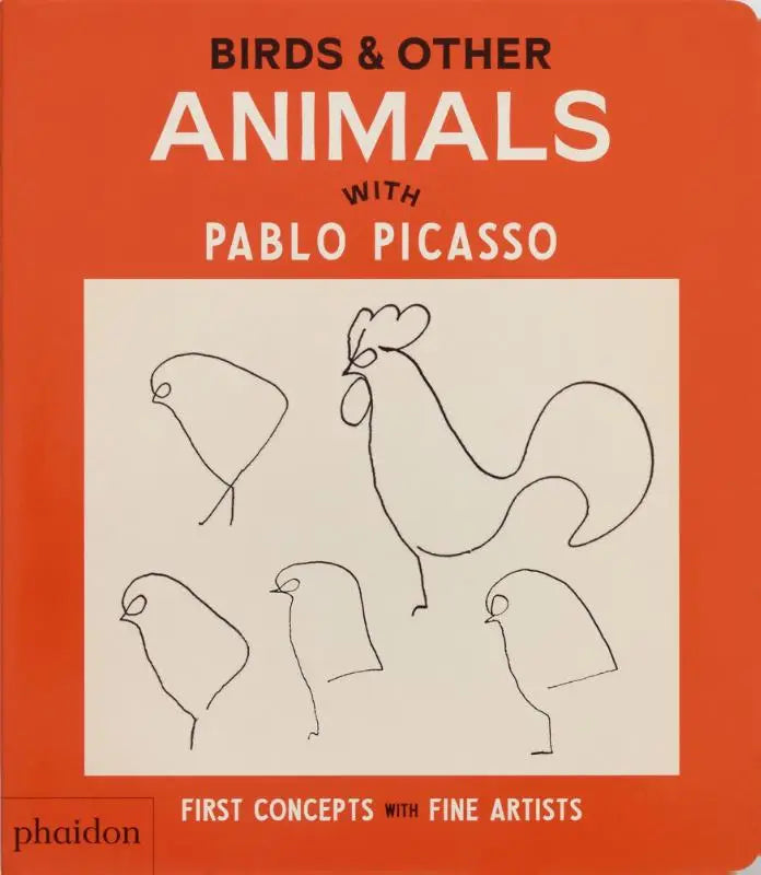 Oranje hardcover boek birds & other animals with pablo picasso met minimalistische zwarte lijntekeningen van vogels en haan