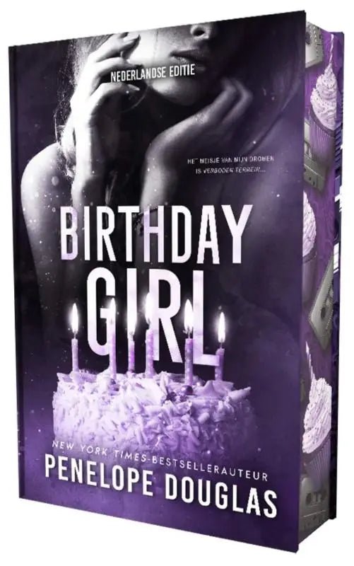 Purple hardcover book birthday girl by penelope douglas featuring black and white woman and cake with candles on cover