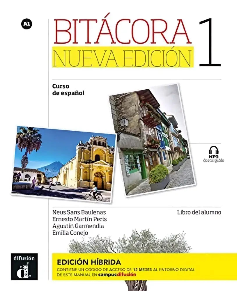 Cover van bitácora nueva edición 1 del alumno spaans taalcursusboek met gele en rode titel en historische architectuur