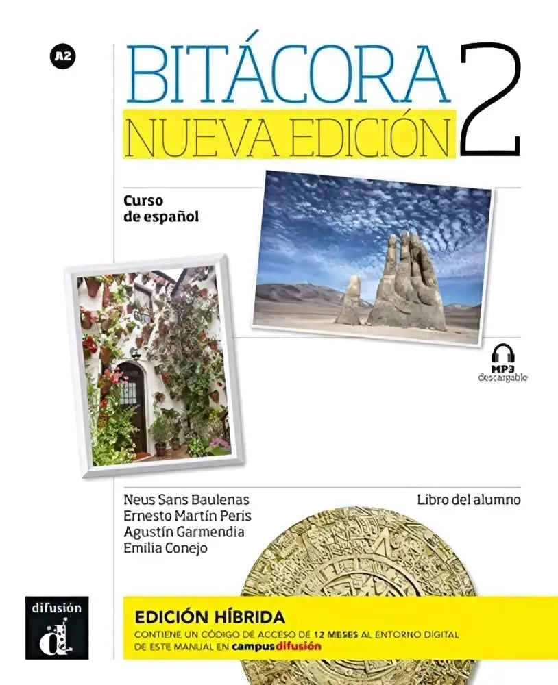 Cover of bitácora nueva edición 2 del alumno with yellow and blue title and desert rock and ivy images