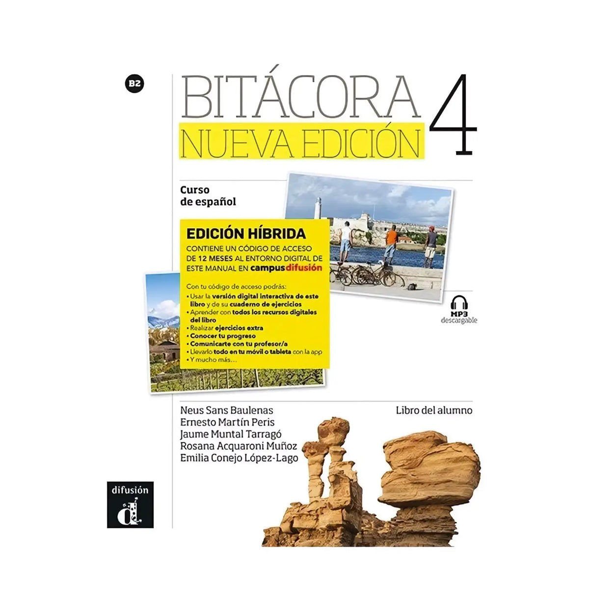 Cover of bitácora nueva edición 4 del alumno textbook with hybrid edition and scenic landscape images