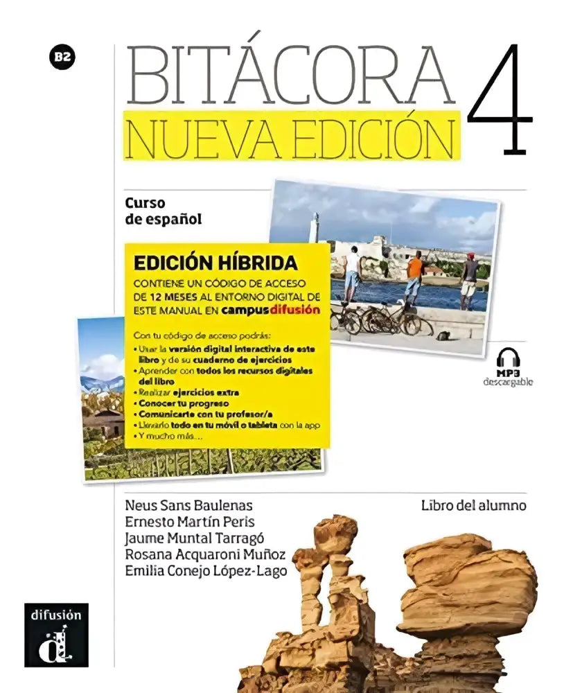 De cover van het bitácora nueva edición 4 del alumno leerboek met geel-wit ontwerp en afbeeldingen van fietsen en rode rotsen