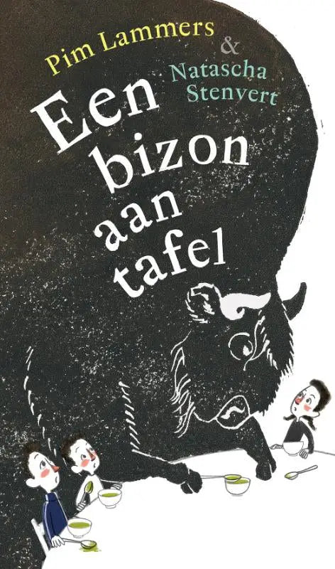Zwart-witte illustratie van kinderboek een bizon aan tafel door pim lammers met een bizon en kinderen aan tafel