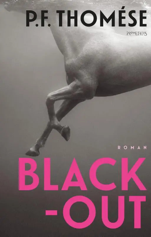 De literaire roman blackout heeft een zwart-wit omslag met een afbeelding van paardenbenen onder water en roze titel