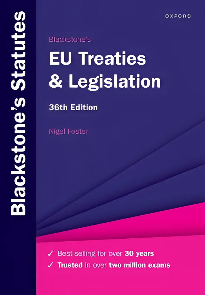 Blackstones eu treaties and legislation 36th edition hardcover book with purple and pink cover, part of the market-leading european law series