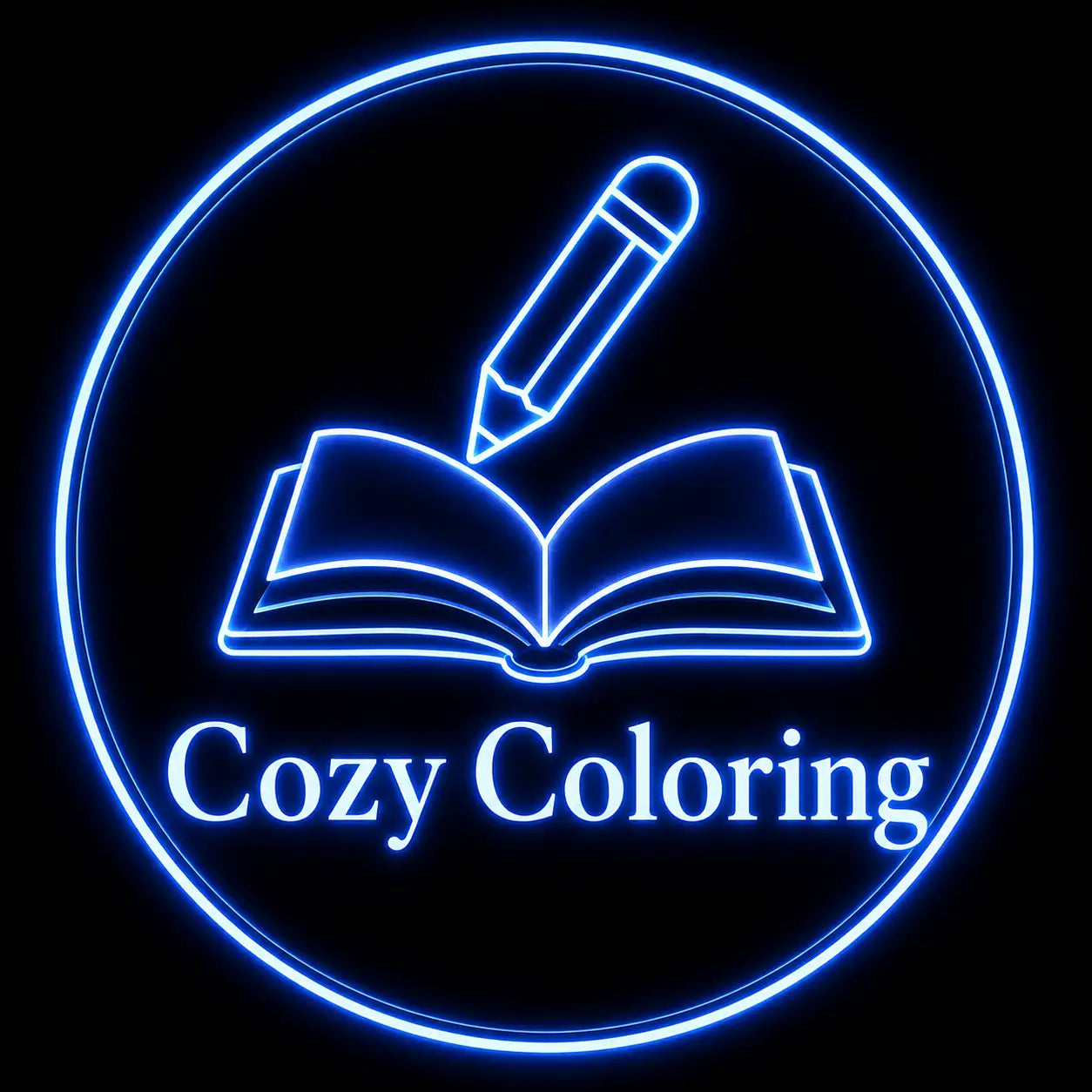 Blauw neonbord met een open boek waarop een potlood rust, omringd door een gloedring en met de tekst “cozy coloring” eronder.