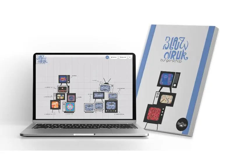 Zilveren laptop met design van gestapelde vintage televisies naast blauwdruk burgerschap combinatiepakket werkboek deel 1 en 2