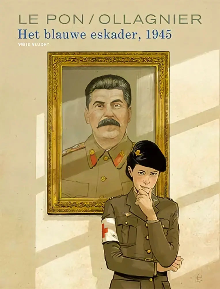 Een ingelijste portret van joseph stalin in een goudkleurige ornamentenlijst uit het blauwe eskader 1945 strip algemeen yan le pon