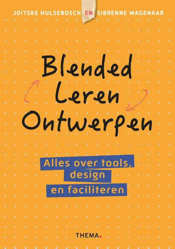 Felgele boekcover van blended leren ontwerpen met zwarte handgeschreven titel en blauwe blokken voor ondertitel