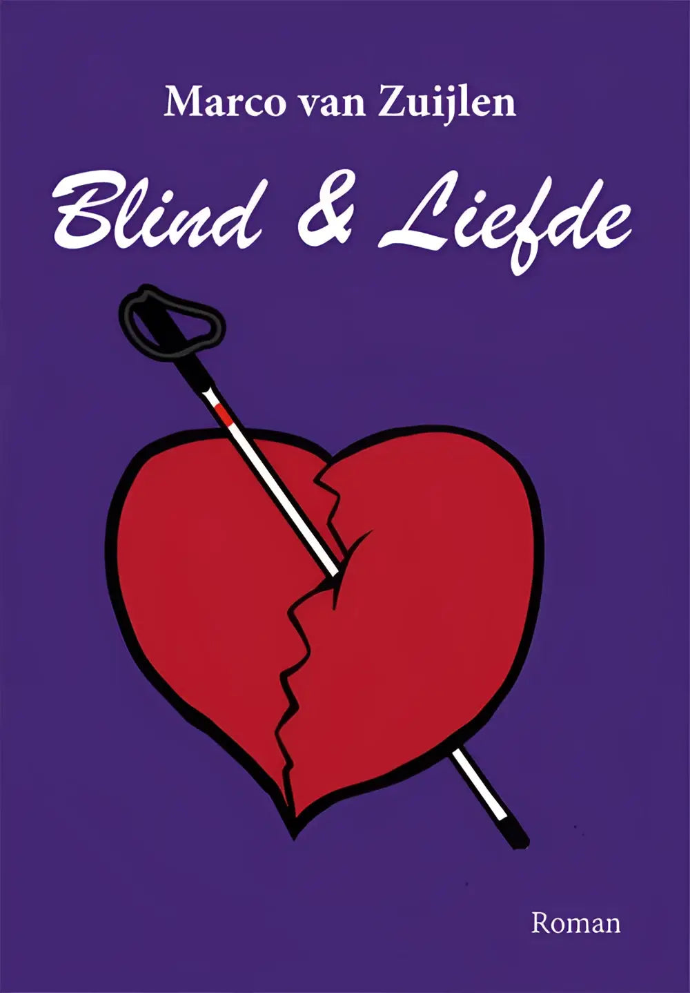 Rode gebroken hart illustratie met witte stok die erdoorheen steekt tegen paarse achtergrond in blind en liefde product