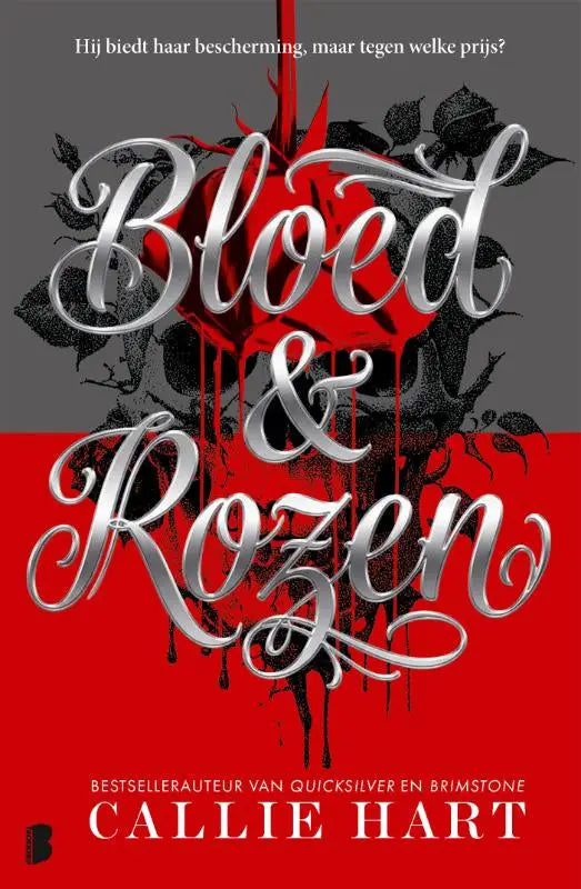 Red and gray book cover with silver metallic cursive text bloed & rozen by callie hart
