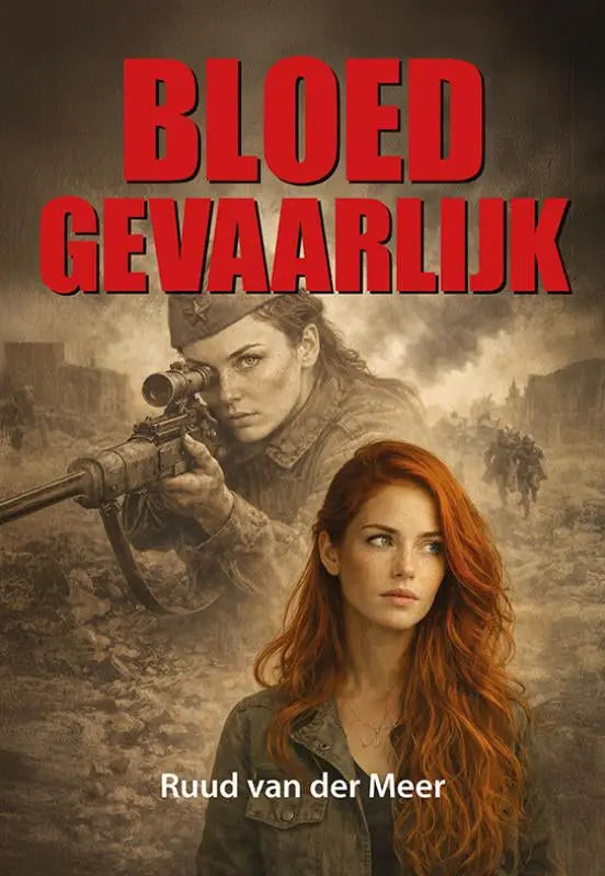 Bloedgevaarlijk boek met sepia illustratie van twee vrouwen, spannend boek met militair thema en rode haren